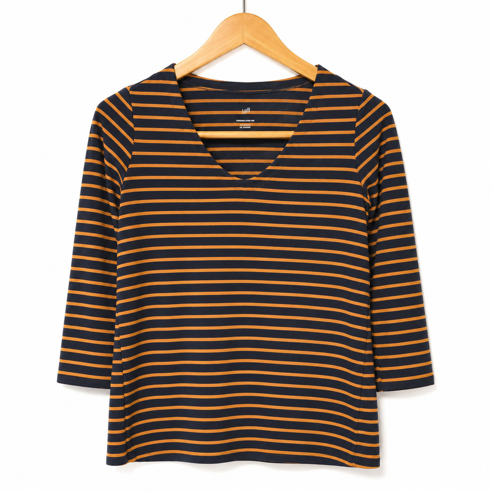 J Jill Forward Seam Top Womens Size Small Petite Navy Camel Stripe Cotton Blend